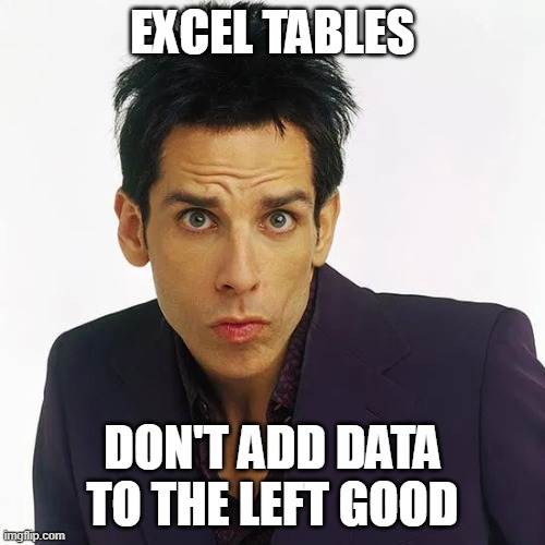 How to add data to the left of an Excel table